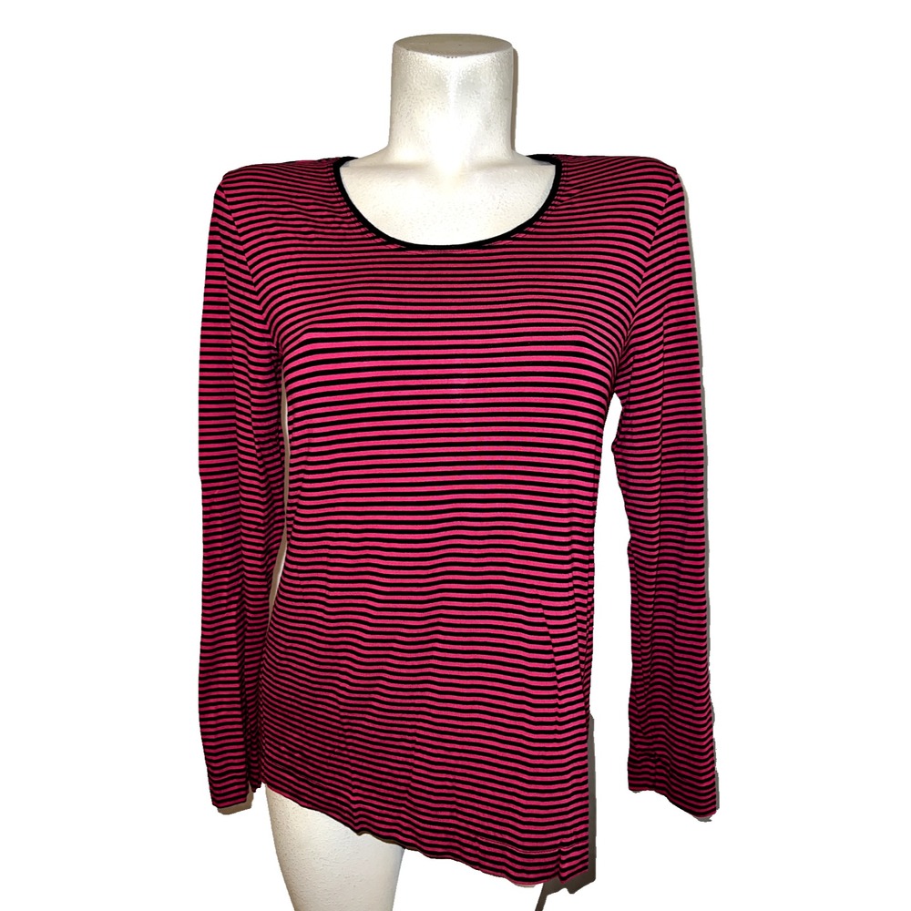 Chicos Pink Black Striped Long Sleeve Scoop Neck Top Size (1) Medium Rayon Blend
